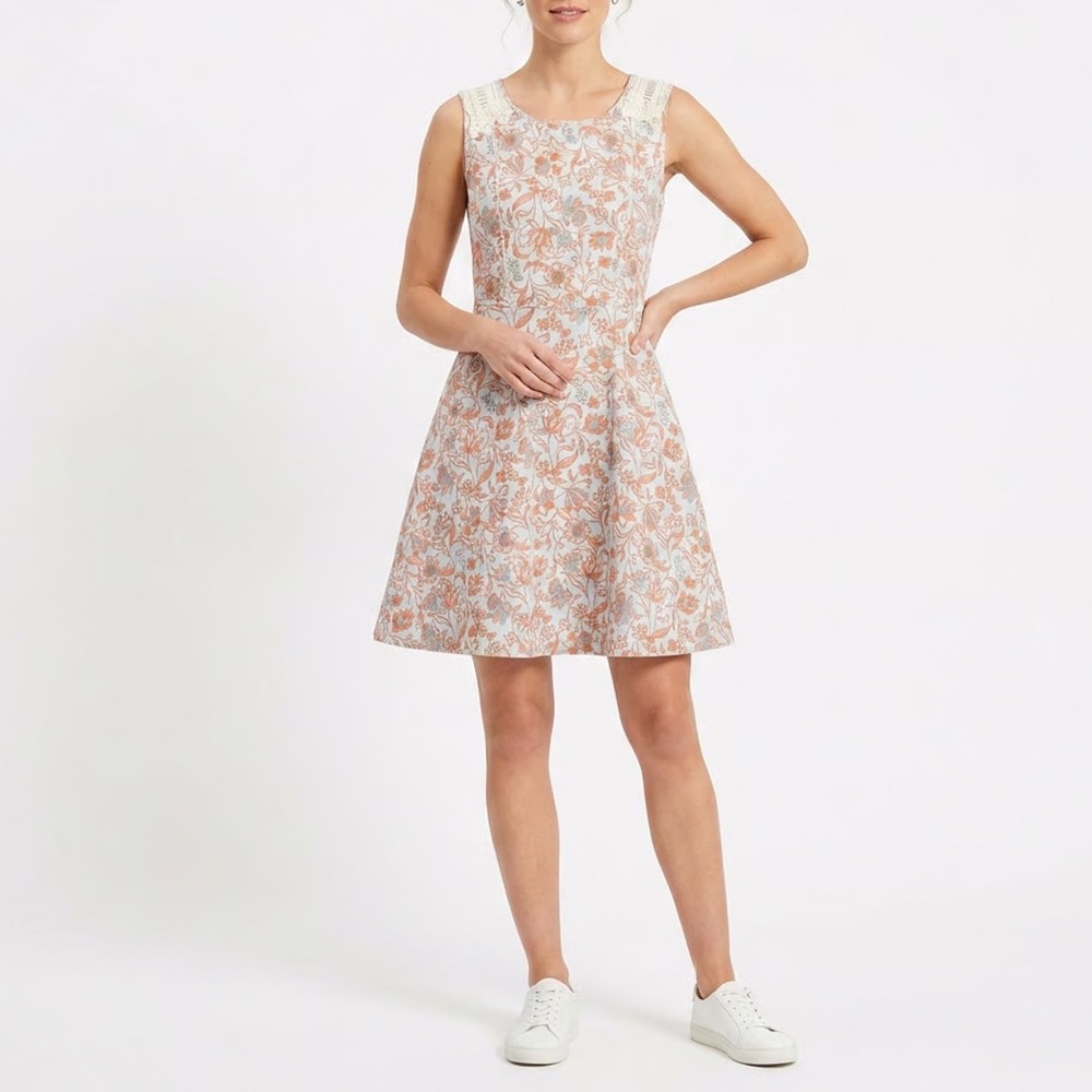 Roem Floral Sleeveless Fit & Flare Mini Dress Lace Shoulder Peach Blue Size M